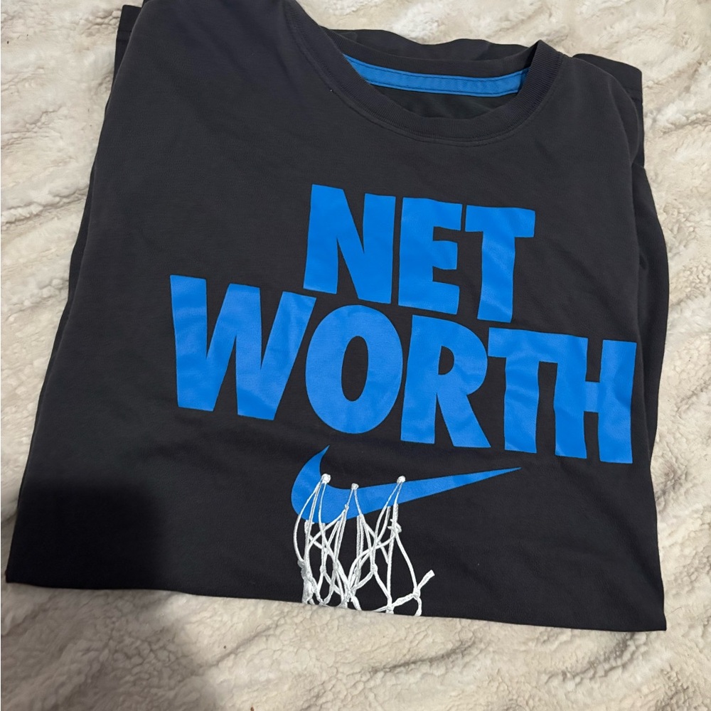 Nike Black Tee with Blue 'Net Worth' Design DRI FIT